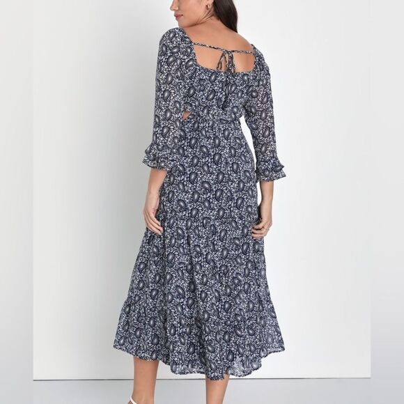 NWT Lulus Navy Blue Paisley Tiered Cutout Midi Dress women's size small - Picture 4 of 15